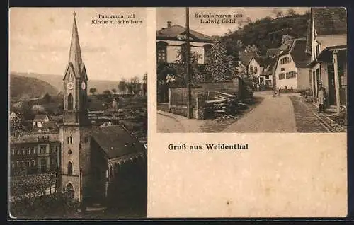 AK Weidenthal, Panorama mit Kirche u. Schulhaus und Kolonialwaren v. Ludwig Gödel