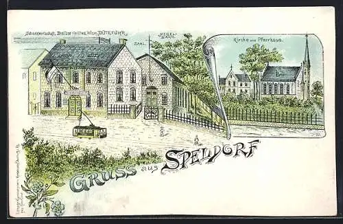 Lithographie Speldorf / Duisburg, Gasthaus von Wilh. Büteführ, Kirche und Pfarrhaus, Strassenbahn