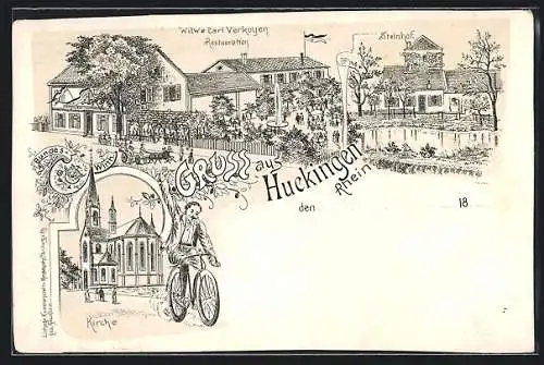 Lithographie Huckingen /Rhein, Gasthaus v. Witwe Carl Verkoyen, Kirche und Steinhof