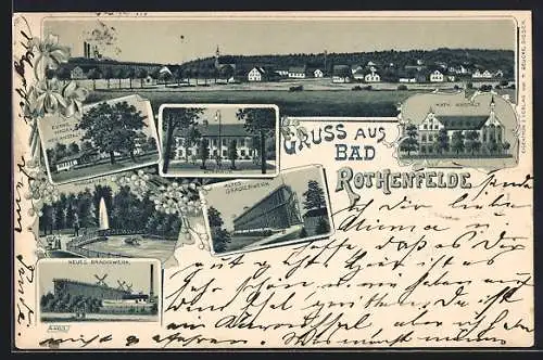 Lithographie Rothenfelde / Dissen, Ortsansicht, Evang. Kinder-Heilanstalt, Gradirwerk, Kurhaus, Kath. Anstalt