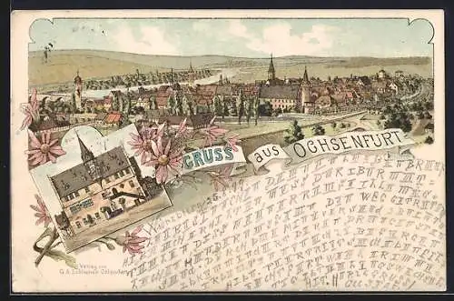 Lithographie Ochsenfurt / Main, Gesamtansicht mit dem Main, Rathhaus