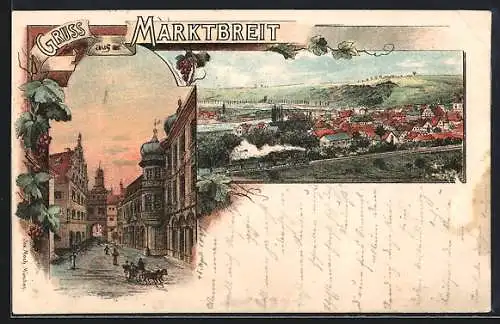 Lithographie Marktbreit, Strassenpartie mit Tor, Totalansicht mit Brücke