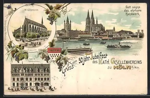 Lithographie Köln, Minoritenkirche, Kathol. Gesellenhaus, Schiffe, Wappen