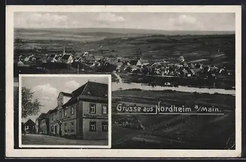 AK Nordheim / Main, Gasthaus zur Sonne, Ortsansicht aus der Vogelschau