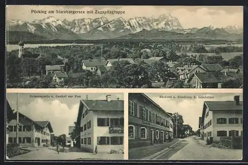 AK Pöcking / Starnberger See, Strassenpartie mit Gasthof zur Post u. mit Bäckerei N. Lemberger, Ortsansicht m. Zugspitz