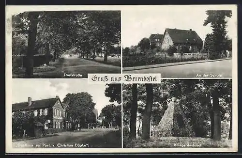 AK Berenbostel, Gasthaus zur Post C. Döpke, Kriegerdenkmal, Strassenpartie