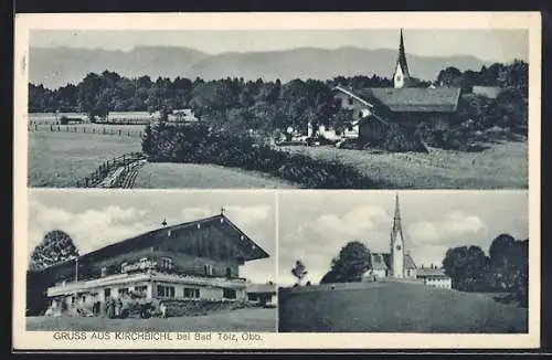 AK Kirchbichl /Bad Tölz, Gebäudeansicht, Kirche, Ortsansicht mit Bergpanorama