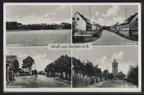 AK Derben a. E., Siedlung, Hauptstrasse, Kirchenstrasse mit Kirchturm, Elbansicht