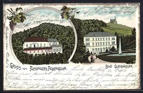 Lithographie Bad Gleisweiler, Gaststätte Flickingers Felsenkeller, Kurhaus mit St. Anna Kapelle