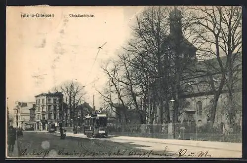 AK Hamburg-Ottensen, Christiankirche und Strassenbahn