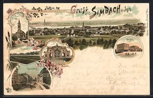 Lithographie Simbach a. Inn, Bahnhof, Hauptstrasse, Innbrücke, Portal d. Innbrücke, Pfarrkirche