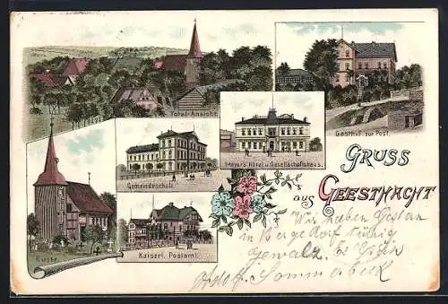 Lithographie Geesthacht, Gasthof zur Post, Meyer`s Hotel und Gesellschaftshaus, Gemeindeschule