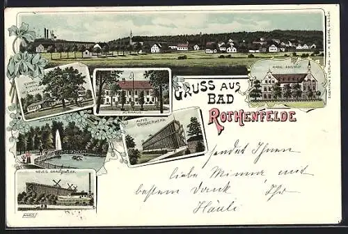 Lithographie Rothenfelde / Dissen, Ortsansicht, Evang. Kinder-Heilanstalt, Gradirwerk, Kurhaus, Kath. Anstalt