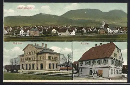 AK Mössingen, Bahnhof, Rathaus, Totalansicht