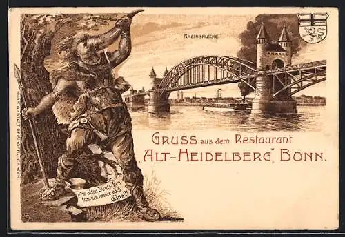 Lithographie Bonn, Restaurant Alt-Heidelberg, Rheinbrücke und Bier-trinkender Germane