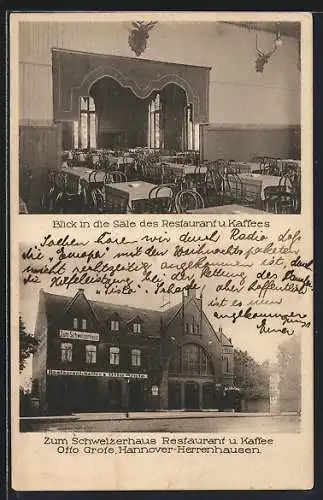 AK Hannover-Herrenhausen, Restaurant-Café Zum Schweizerhaus v. Otto Grote mit Innenansicht