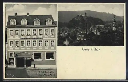 AK Greiz, Hotel Kranich, Ortsansicht aus der Vogelschau