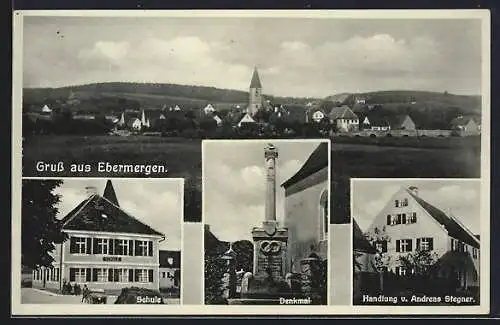 AK Ebermergen, Handlung v. Andreas Stegner, Denkmal, Schule, Totalansicht