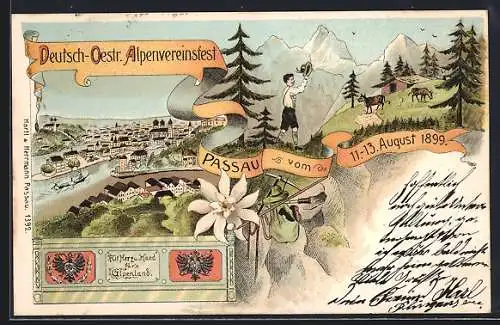 Lithographie Passau, Deutsch-Oestr. Alpenvereinsfest 1899, Bergsteiger und Ortsansicht