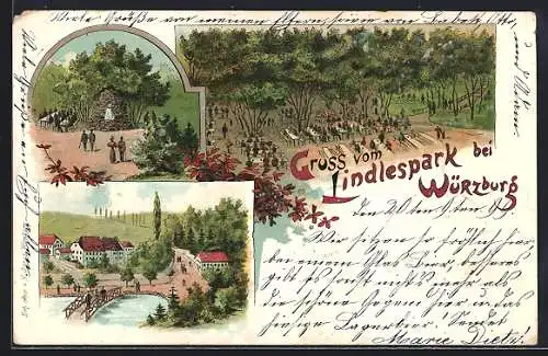 Lithographie Würzburg, Lindlespark, Gasthaus Lindlespark, Wasserfall und Brücke