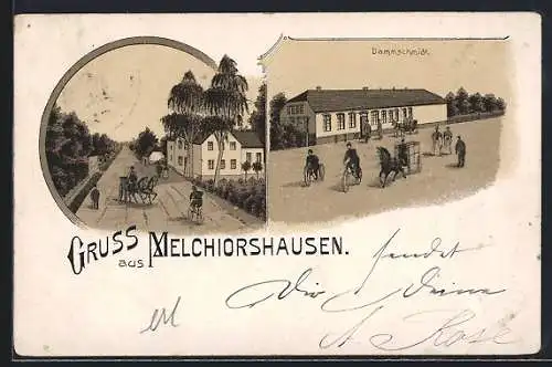 Lithographie Melchiorshausen, Gasthof Dammschmidt, Strassenpartie