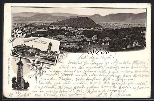 Vorläufer-Lithographie Graz, 1895, Ortsansicht von oben, Schlossberg und neue Brücke