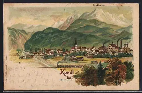 Lithographie Kundl, Ansicht gegen Süden mit Gradlspitze