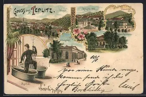 Lithographie Teplitz Schönau / Teplice, Schlangenbad, Moorbad, Kriegerdenkmal, Schönauer-Anlagen