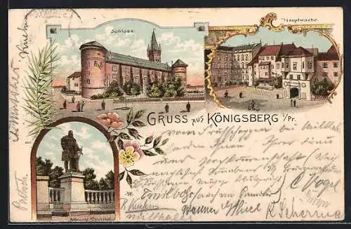 Lithographie Königsberg i. Pr., Schloss, Hauptwache und Albrecht Denkmal