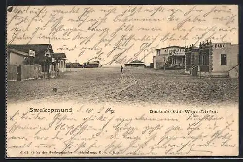 AK Swakopmund /Deutsch-Süd-West-Afrika, Strassenpartie mit Geschäften