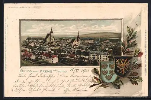 Lithographie Krems /Donau, Ortsansicht, Wappen, Eichen- und Lorbeerzweig