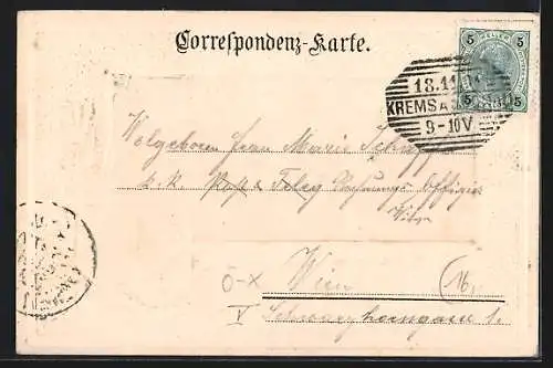 Lithographie Krems /Donau, Ortsansicht, Wappen, Eichen- und Lorbeerzweig