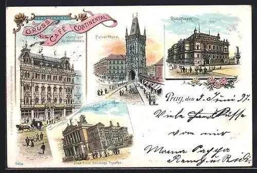 Lithographie Prag / Praha, Café Continental, Pulverthurm, neues deutsches Theater