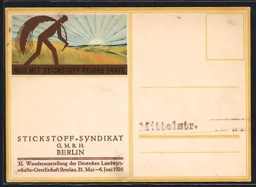 AK Breslau, 32. Wanderausstellung der Deutschen Landwirtschafts-Gesellschaft 1926, Stickstoff-Syndikat GmbH Berlin