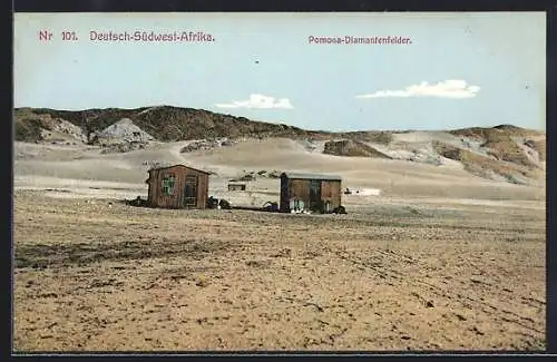 AK Deutsch-Südwest-Afrika, Hütten an den Pomona-Diamantenfeldern