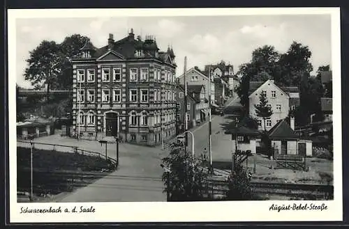 AK Schwarzenbach a. d. Saale, August-Bebel-Strasse mit Bäumen