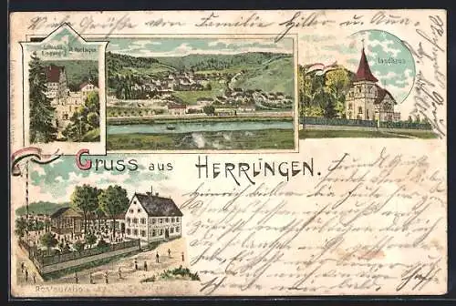 Lithographie Herrlingen, Restaurant E. Müller, Hotel Landhaus, Schloss-Eingang Ober-Herrlingen