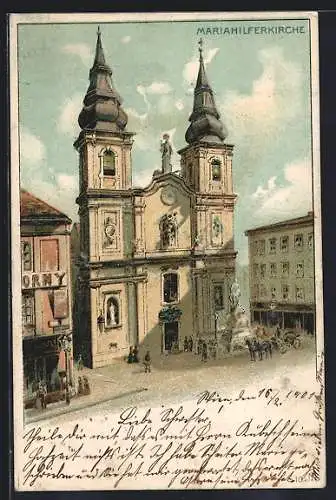 Lithographie Wien, Mariahilferkirche mit Kutsche