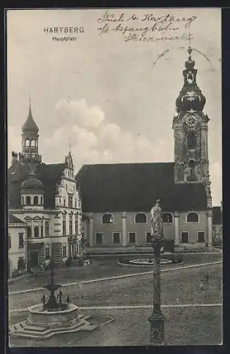 AK Hartberg, Blick auf den Hauptplatz mit Denkmal