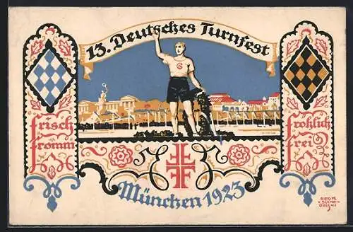 Künstler-AK sign.: Suchodolski: München, 13. Deutsches Turnfest 1923, Turner mit Siegerkranz