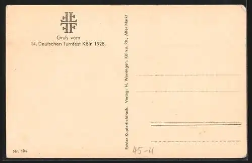 AK Köln, 14. Deutsches Turnfest 1928, Rheinfront- und Dombeleuchtung mit Bildnis Turnvater Jahn