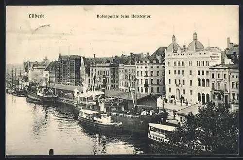 AK Lübeck, Hafenpartie beim Holstentor aus der Vogelschau