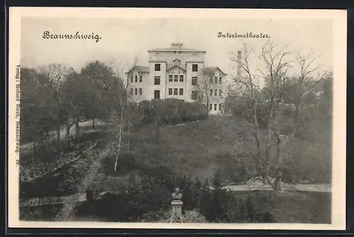 AK Braunschweig, Interimstheater mit Anlage und Denkmal aus der Vogelschau