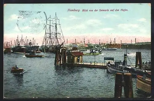 AK Hamburg, Blick von der Seewarte zum Hafen, Segelschiffe