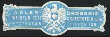 Reklamemarke Schierstein, Adler-Drogerie Wilhelm Fett, Adlerwappen