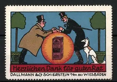 Künstler-Reklamemarke Johann Peter Werth, Schierstein, Dallmann Kola Pastillen, Herr mit Hund und Sonne