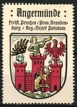 Reklamemarke Angermünde, freist. Preussen Prov. Brandenburg, Stadtwappen mit Türmen und Adlern