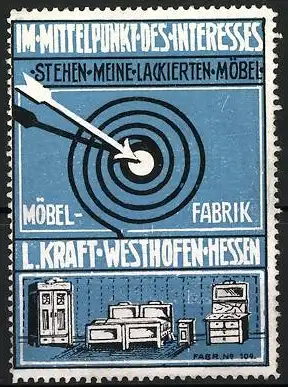 Reklamemarke Westhofen, Möbel-Fabrik L. Kraft, Zielscheibe und Möbelstücke