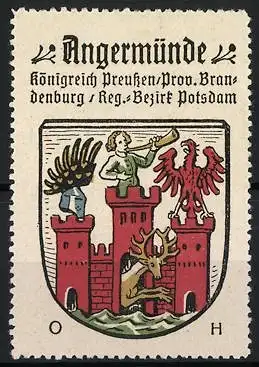 Reklamemarke Angermünde, Königreich Preussen /Prov. Brandenburg, Wappen mit Adler und Trompeter