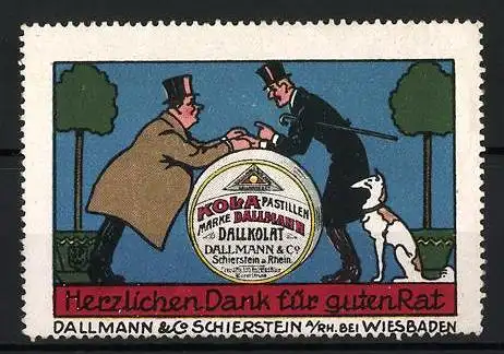 Künstler-Reklamemarke Johann Peter Werth, Schierstein, Kola Dallmann Pastillen, Männer mit Hund